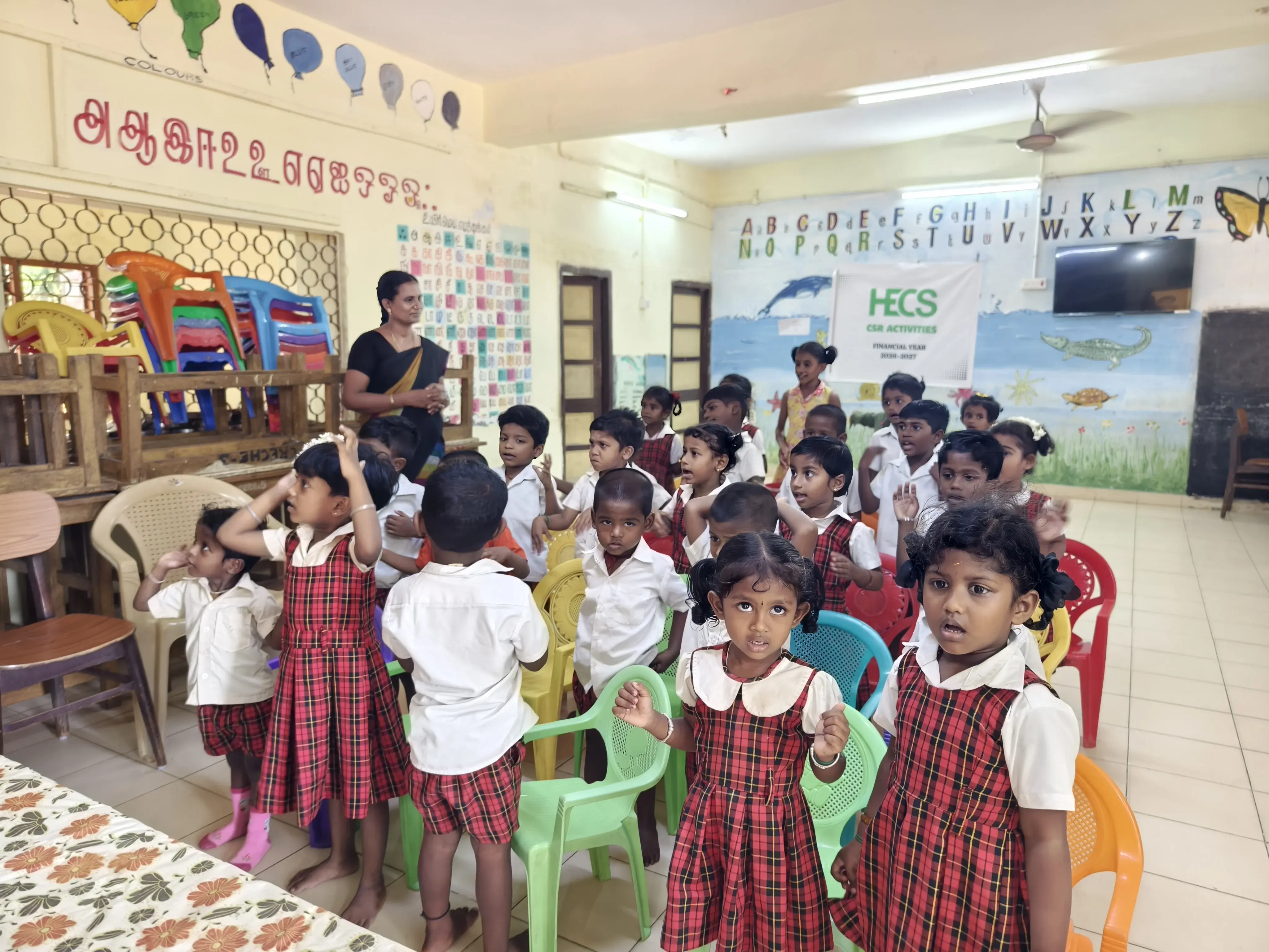 HECS CSR initiative donating sports and recreational equipment to children at CSI Day Care Centre in Melrosapuram, Chengalpattu